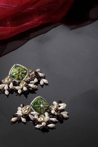 Green & purple drop earring with kundan &  pearls