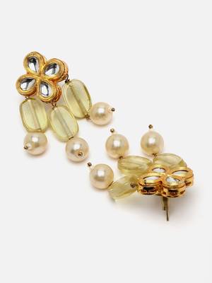 Yellow & gold drop earring with kundan & pearls 4