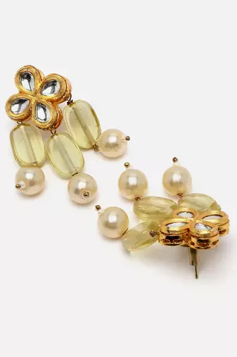 Yellow & gold drop earring with kundan & pearls
