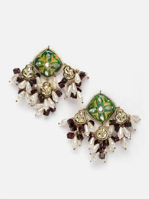 Green & purple drop earring with kundan &  pearls 3