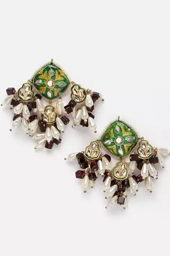 Green & purple drop earring with kundan &  pearls