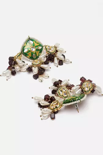 Green & purple drop earring with kundan &  pearls