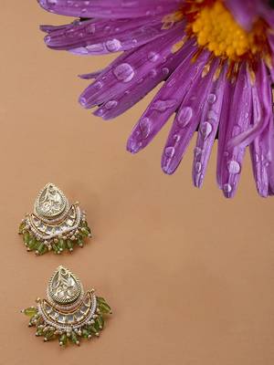 Green & gold drop earring with kundan & pearls 3