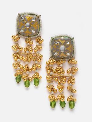 Grey & green drop earring with kundan &  pearls 1