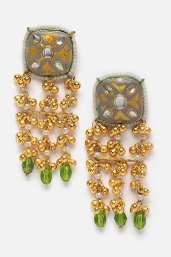 Grey & green drop earring with kundan &  pearls