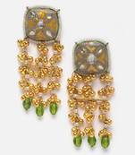 Grey & green drop earring with kundan &  pearls