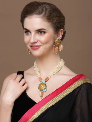 Grey & orange drop earring with kundan &  pearls 2