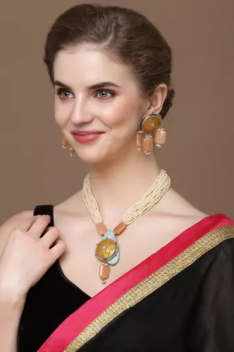 Grey & orange drop earring with kundan &  pearls