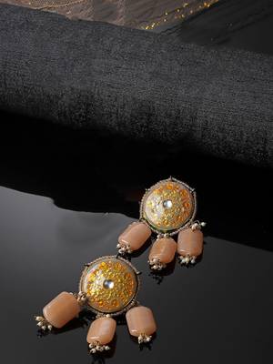 Grey & orange drop earring with kundan &  pearls 3
