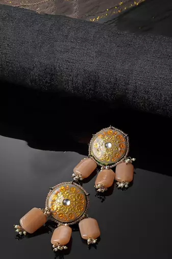Grey & orange drop earring with kundan &  pearls