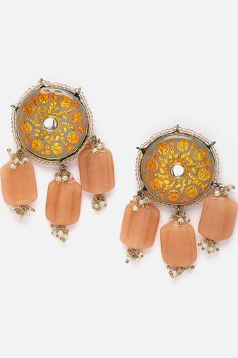 Grey & orange drop earring with kundan &  pearls