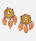 Grey & orange drop earring with kundan &  pearls