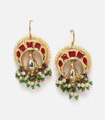 Red & gold drop earring with kundan & pearls