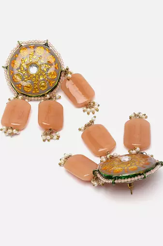 Grey & orange drop earring with kundan &  pearls