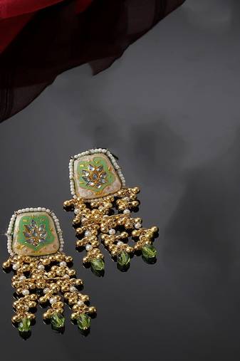 Green & cream drop earring with kundan &  pearls