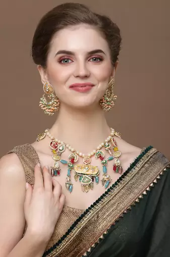 Peach & blue drop earring with kundan &  pearls