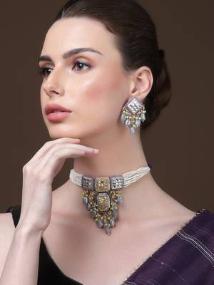 Silver & white drop earring with kundan & pearls 2