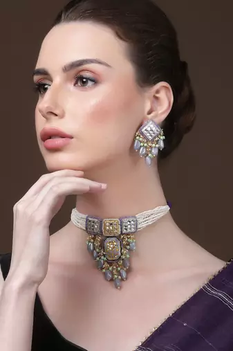 Silver & white drop earring with kundan & pearls