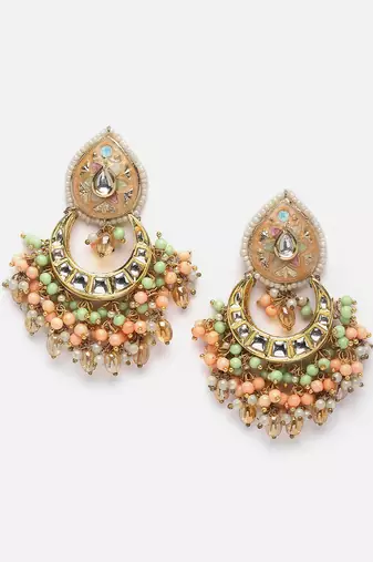 Peach & blue drop earring with kundan &  pearls