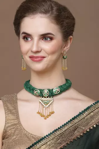 Green & gold drop earring with kundan &  american diamonds