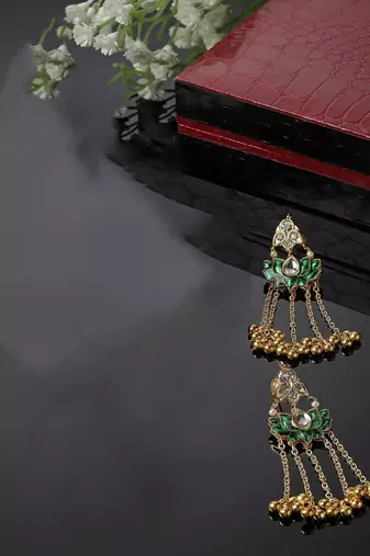 Green & gold drop earring with kundan &  american diamonds