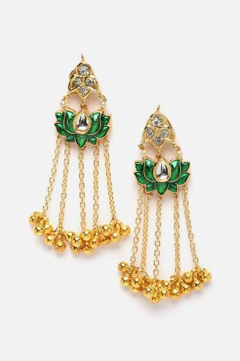 Green & gold drop earring with kundan &  american diamonds