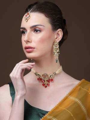 Red & cream maang tikka head jewellery with kundan & pearls 2
