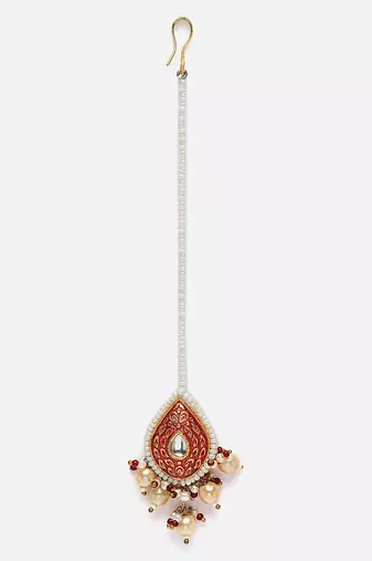 Red & cream maang tikka head jewellery with kundan & pearls