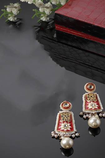 Red & pink drop earring with kundan &  pearls