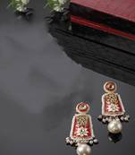 Red & pink drop earring with kundan &  pearls