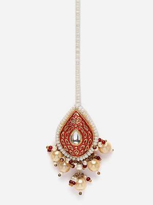 Red & cream maang tikka head jewellery with kundan & pearls 1