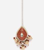 Red & cream maang tikka head jewellery with kundan & pearls