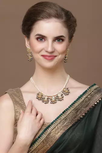 Green & gold drop earring with kundan &  pearls
