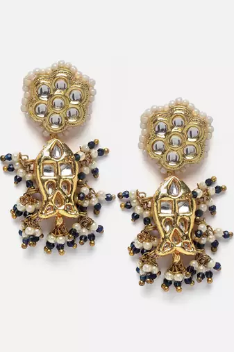 Green & gold drop earring with kundan &  pearls