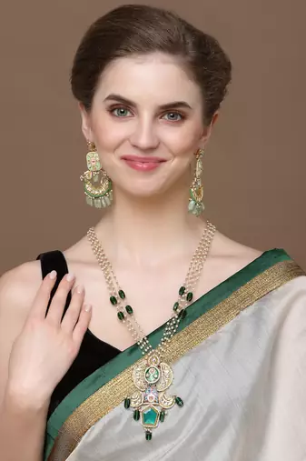Green & gold drop earring with kundan &  pearls