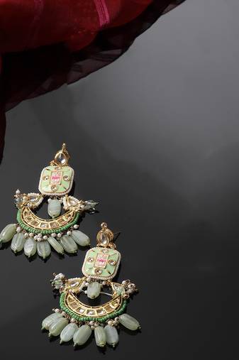 Green & gold drop earring with kundan &  pearls