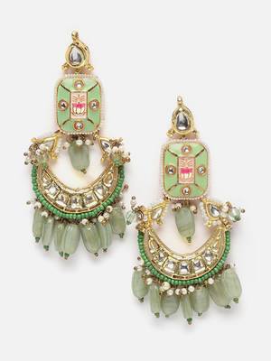 Green & gold drop earring with kundan &  pearls 3