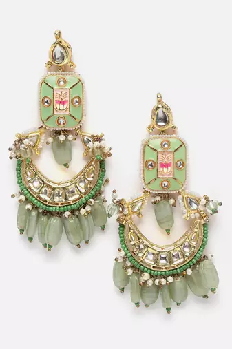 Green & gold drop earring with kundan &  pearls