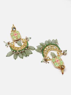 Green & gold drop earring with kundan &  pearls 4