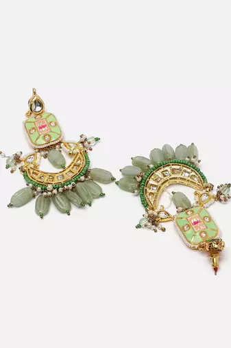 Green & gold drop earring with kundan &  pearls
