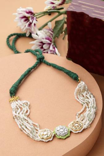 Silver & green chokar necklace kundan & pearls