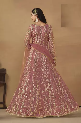 PEACH NET EMBROIDERED ANARKALI SALWAR KAMEEZ