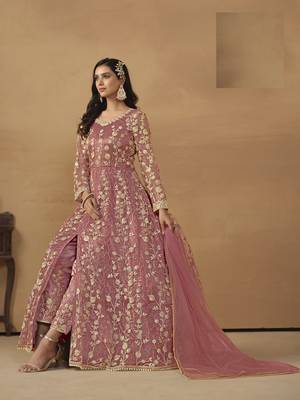 PEACH NET EMBROIDERED ANARKALI SALWAR KAMEEZ 3