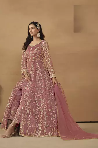 PEACH NET EMBROIDERED ANARKALI SALWAR KAMEEZ
