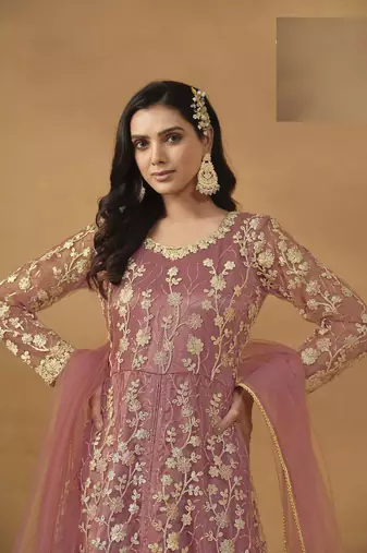 PEACH NET EMBROIDERED ANARKALI SALWAR KAMEEZ