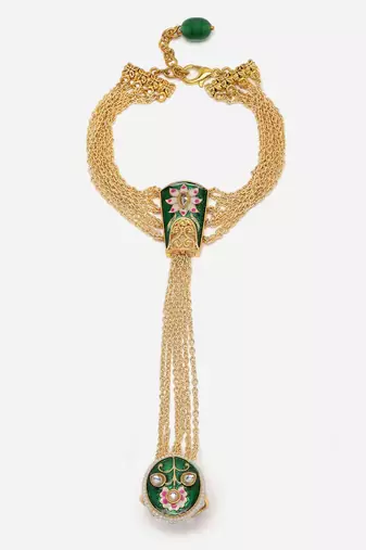 Green & gold adjustable hathphool with kundan &  pearls