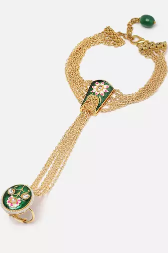 Green & gold adjustable hathphool with kundan &  pearls