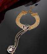 Blue & gold adjustable hathphool with kundan &  pearls