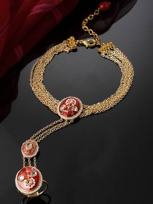 Red & gold adjustable hathphool with kundan &  pearls 1