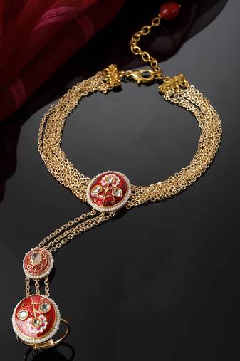 Red & gold adjustable hathphool with kundan &  pearls